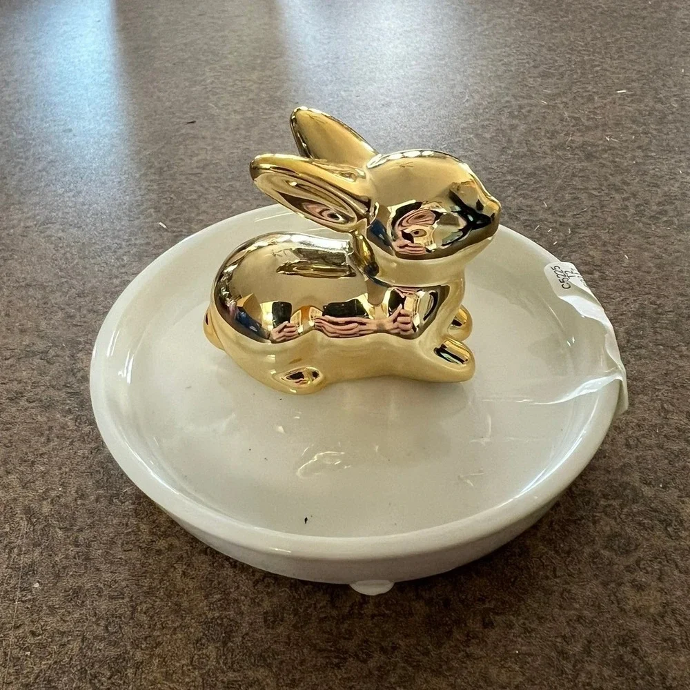 Sagebrook Home Bunny Trinket Dish Set of 2 Gold White NWT Ceramic Rabbit